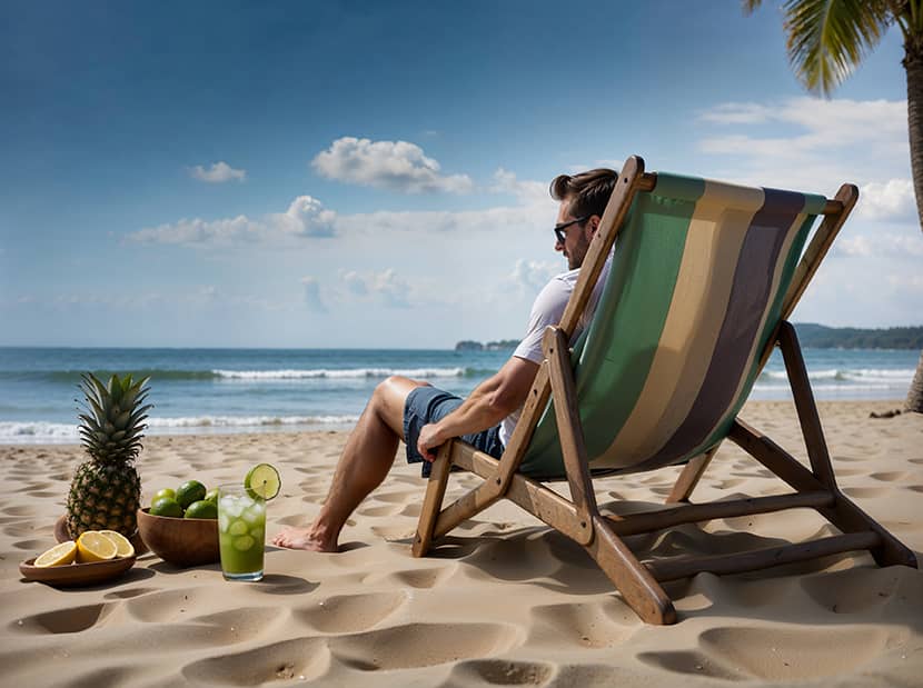 AI-generated image of a man sitting at the  beach drinking mojitos